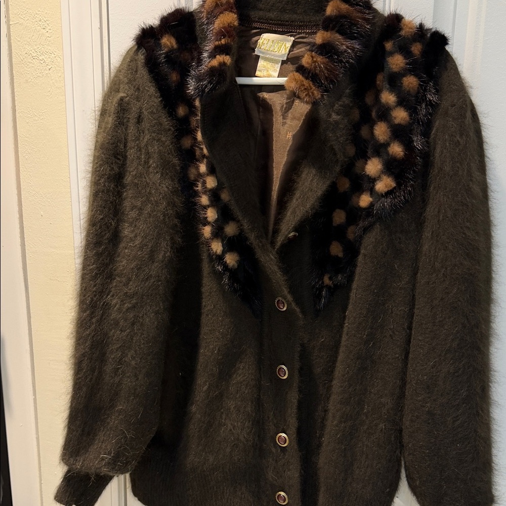 Beldin angora voyage vintage ‎ sweater  with polka dot Fur Trim XL 5141